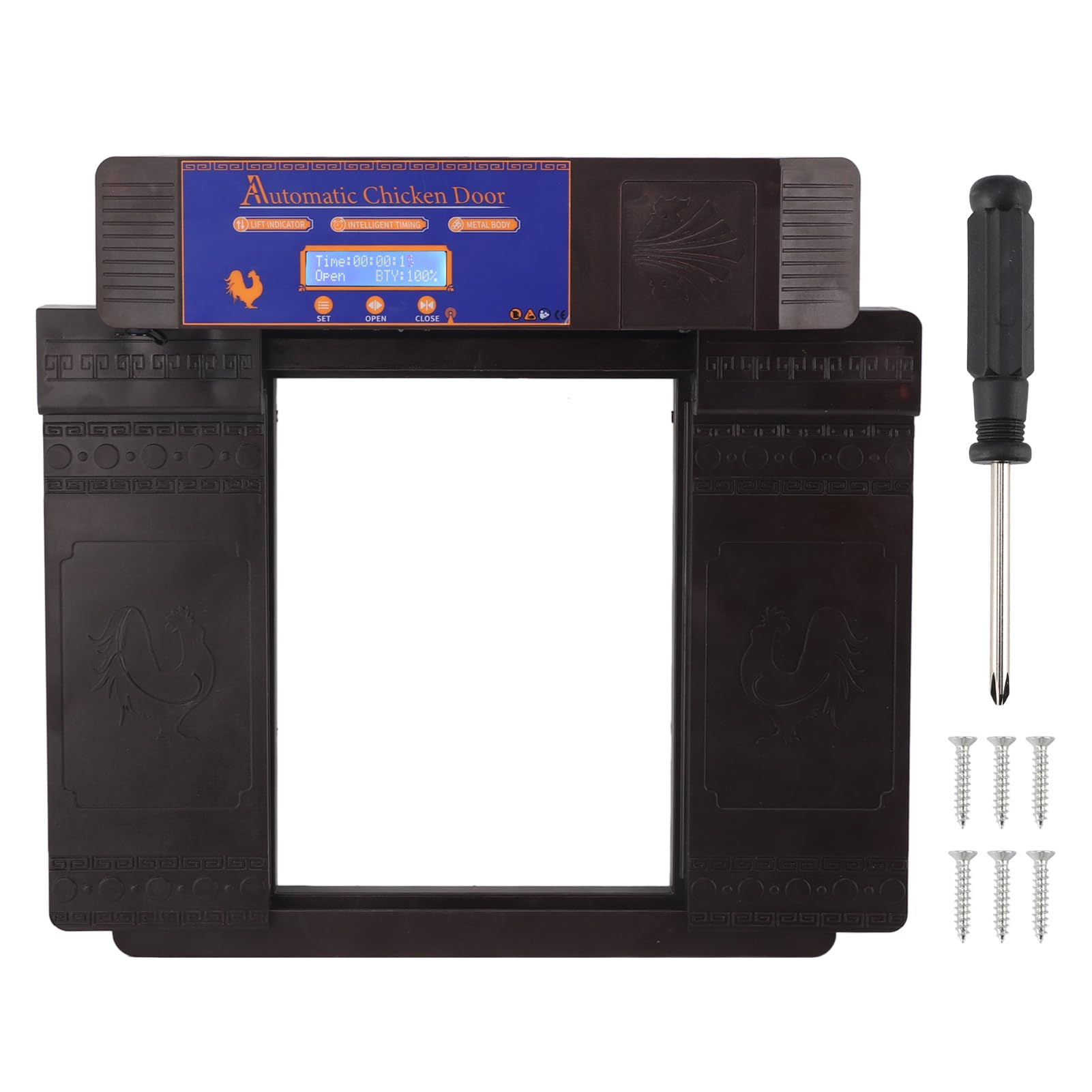 Apriporta automatico per polli, Display a LED Porta automatica per polli con timer, Apriporta automatico per pollaio completamente in plastica Porta migliorata con resistenza all'acqua(Marrone scuro