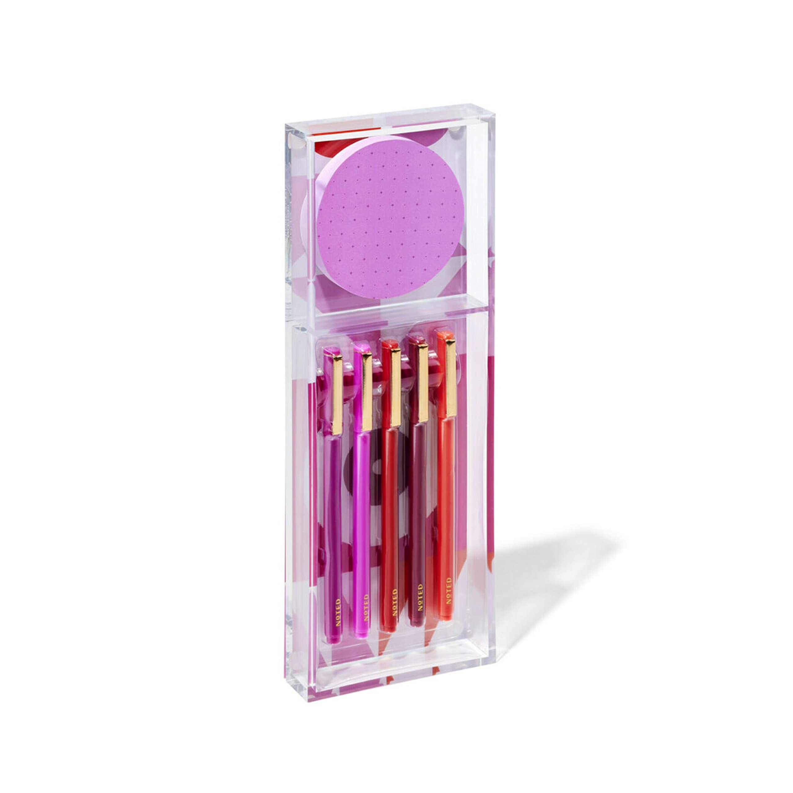 Noted by Post-it Printed Notes Gift Box, Warm Colors, Includes Acrylic Tray, 100 Round Sticky Notes, 5-Pack Pens (NTD-TRAY-36-H)