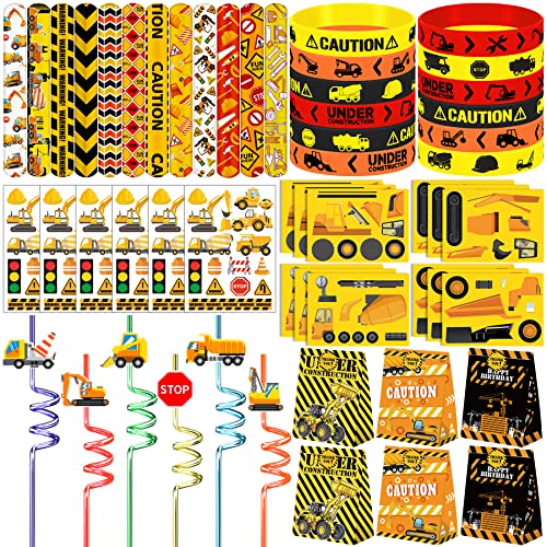 Construction Party Favors 72 Pcs Construction Engineering Slap Bracelet Temporary Tattoos Silicone Bracelets Diy Stickers Plastic Straws Gift Bags For Kids Boys Construction Truck Vehicle Theme Birthday Party Goodie Bag Fillers #TOP27