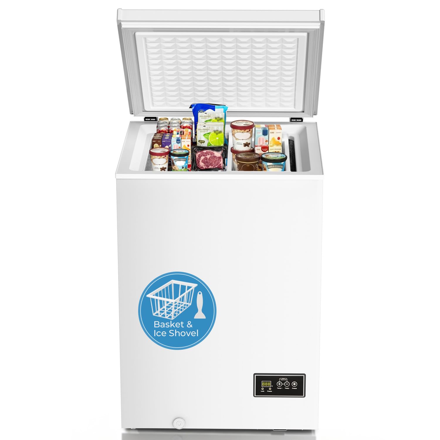 Antarctic Star Chest Freezer 3.2 Cubic Feet 14℉ to -40℉ Low Temperature Freezer,with Removable Basket, Free Standing Top Open Door Deep Freezer, 7-Level Adjustable Temperature, White