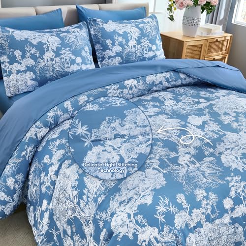 Image of DJY Full Size 7 Piece Bed in a Bag-Floral Botanical Mineral Blue Comforter Set,Full Comforter with Sheets