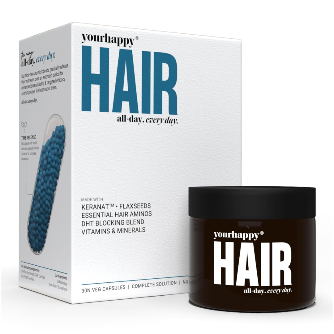 YourHappyLife Hair Supplement with Keranat™, Biotin (10,000mcg), Essential Amino Acids, DHT Blockers | Dual Action Capsules for Healthy Hair Growth, Reduced Hair Fall & Breakage, Shine & Lustre – 30 YourHappyLife Hair Supplement with Keranat™, Biotin (10,000mcg), Essential Amino Acids, DHT Blockers | Dual Action Capsules for Healthy Hair Growth, Reduced Hair Fall & Breakage, Shine & Lustre – 30