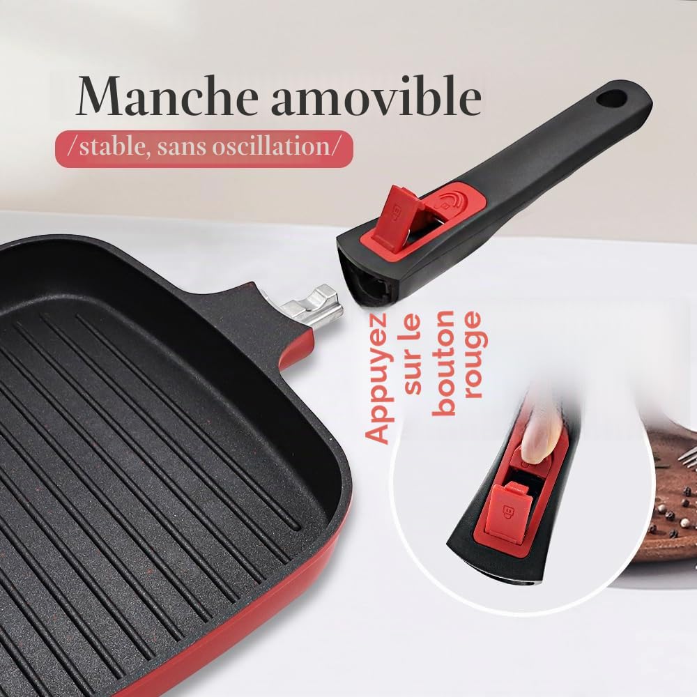 RANX INGST Poêle Grill avec Couvercle 24 cm, Poêle à Griller Carré avec Poignée Amovible, Revêtement Anti-Adhésif, Compatible Tous feux dont Induction