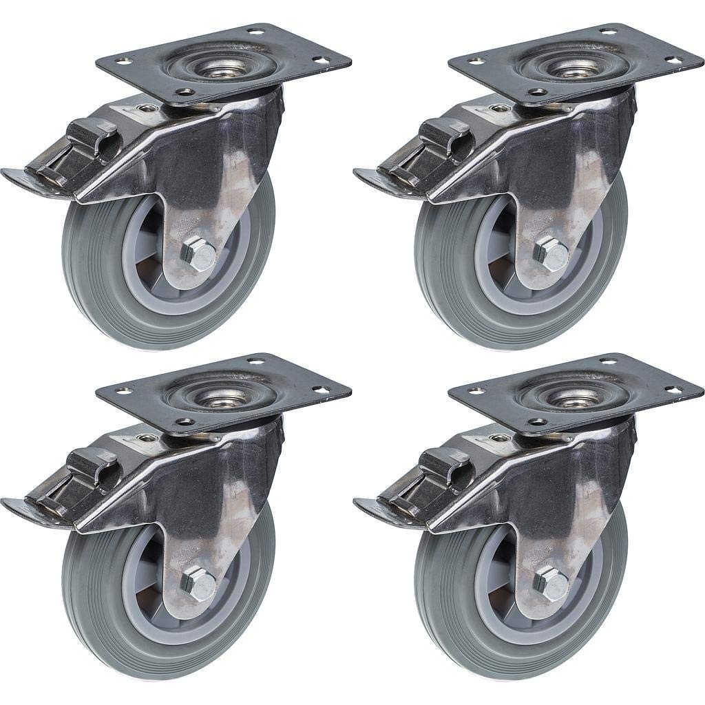 Roulettes en acier inoxydable de 160 mm (6 pouces) avec bandage gris, pivotantes et équipées d'un frein, charge maximale de 540 kg, lot de 4
