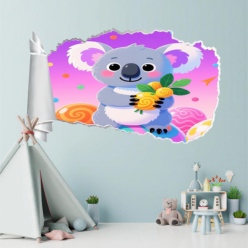Adesivi Murali Murales Fracassati 3D Koala Decalcomanie Per Pavimenti In Impermeabile Animali Carini Per La Camera Da Letto, La Decorazione Della Parete 70X112Cm