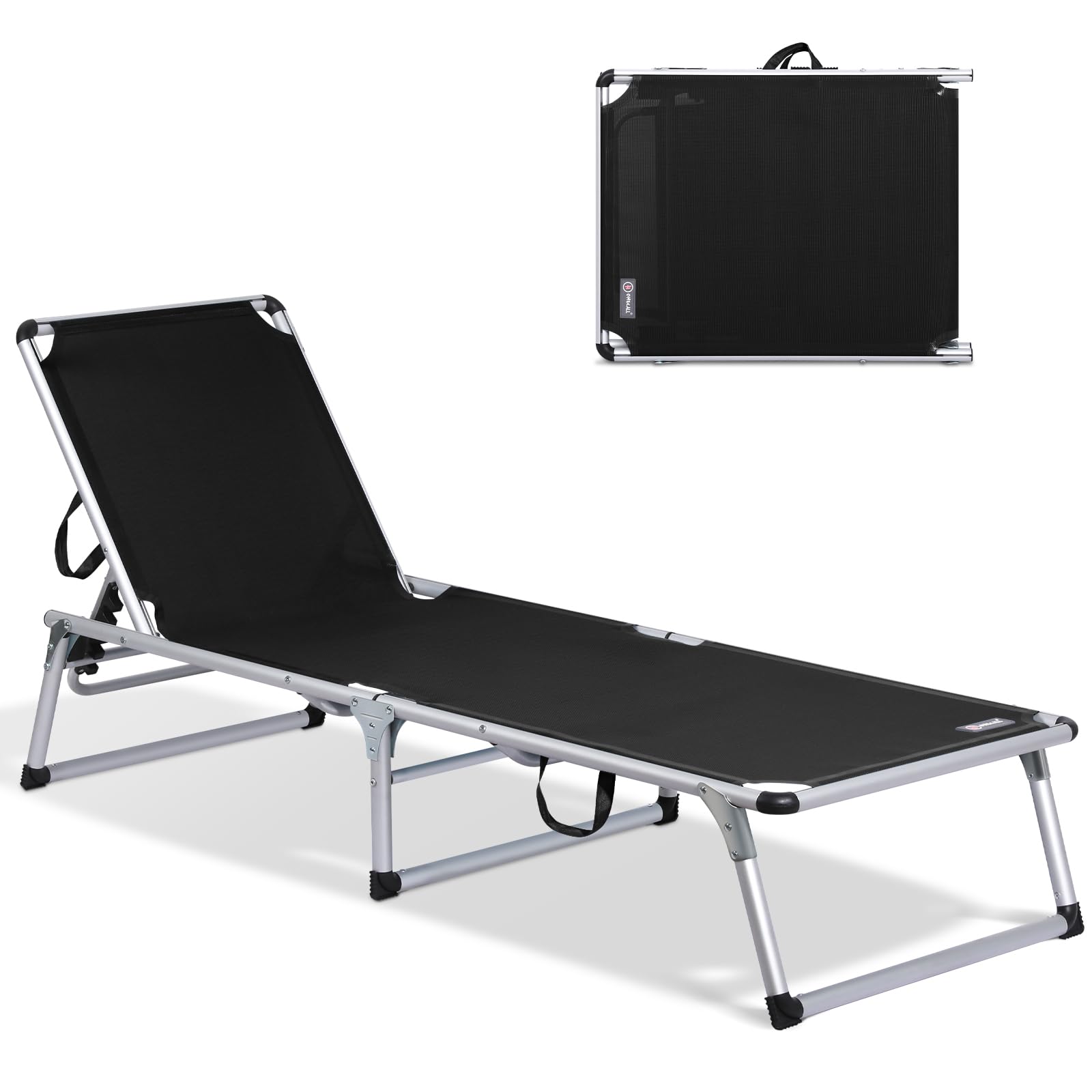 Homecall Sonnenliege Gartenliege Leicht Sonnenliege Klappbar Alu Liegestuhl Strandliege, 5 Fach Verstellbare Rückenlehne, 190 x 60 cm Sonnenschutzdach, bis 136KG (Ohne Sonnendach-Schwarz)