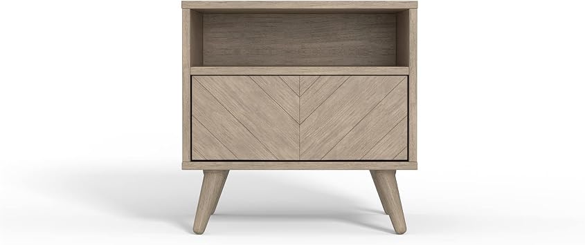 eLuxurySupply Wooden Chevron Nightstand Table - 100% Solid Mahogany Mindi Wood Bedside Table Featuring One Storage Drawer and Large Shelf Cubby - 22" L x 16" W x 22" H - Grey