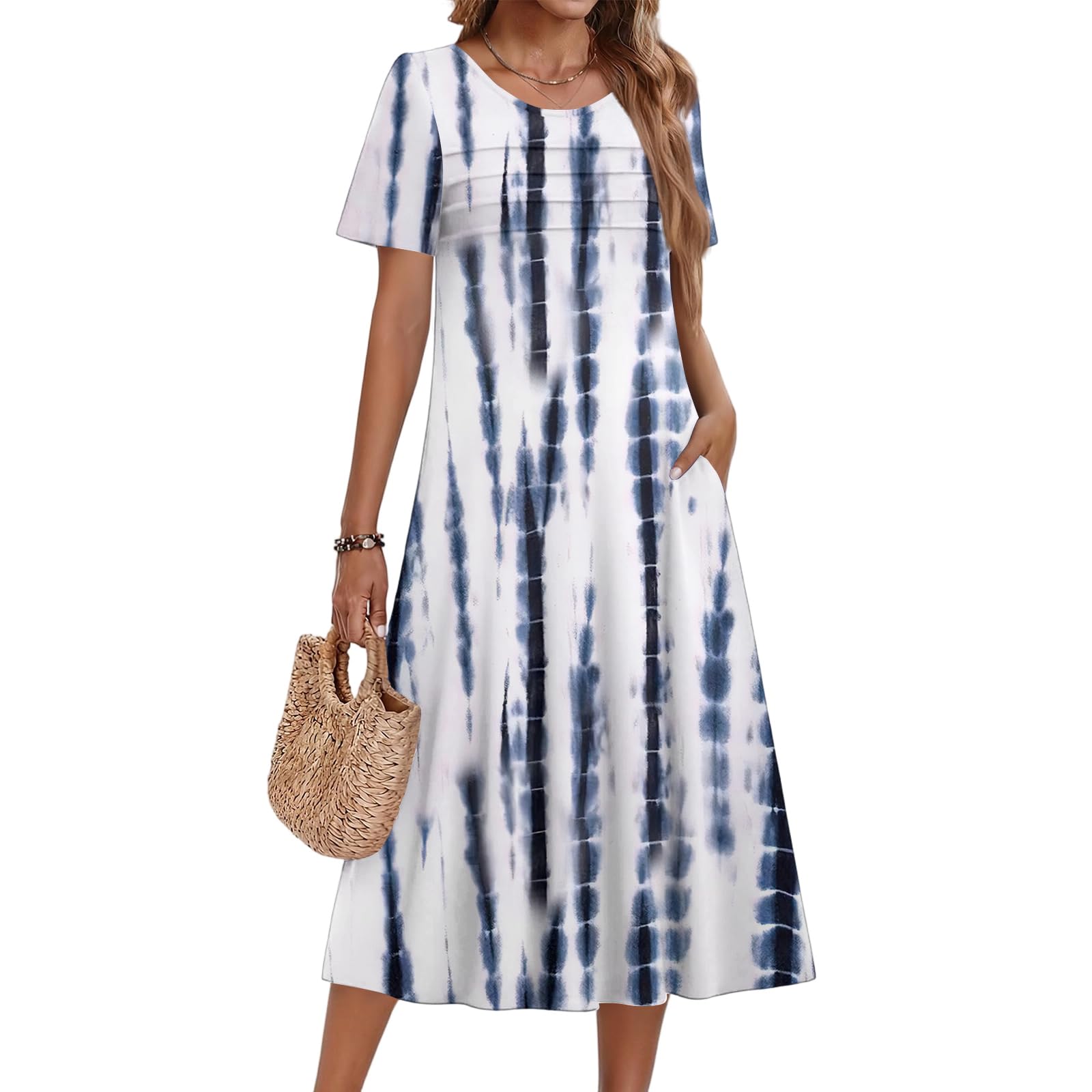 Freizeitkleider für Damen, bedruckt, plissiert, A-Linie, Midi-Kleid, kurzärmelig, mit Taschen, Sommer, Hochzeit, Gästekleid, Strand, Arbeit, Alltag, Anlass: