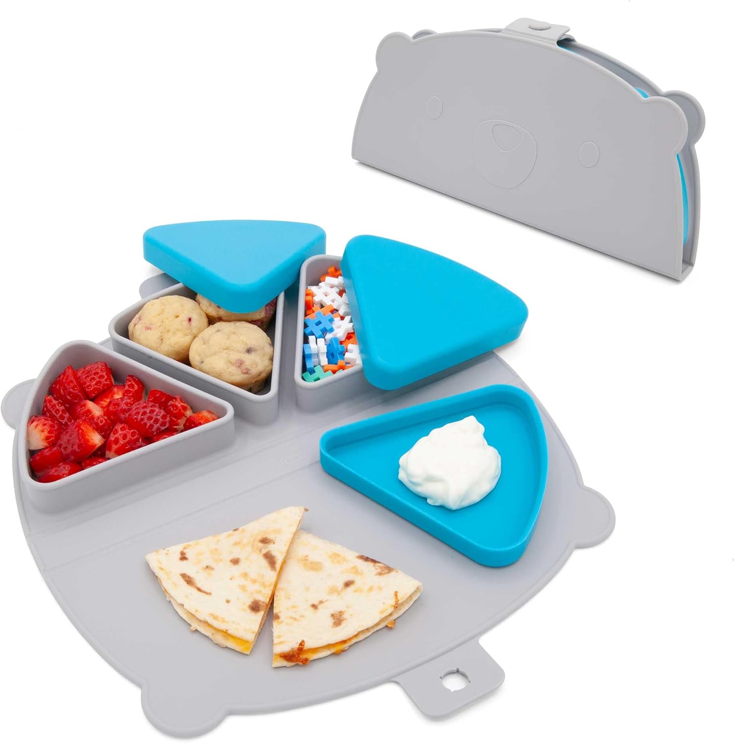 Silicone On-The-Go Snack Mat – Foldable Reusable Placemat with 3 Compartments and Lids – Travel-Friendly Baby and Toddler Snack Plate – Dishwasher Safe (Pebble)
