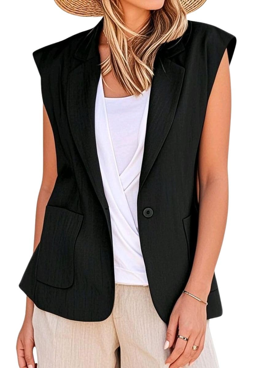 Womens Sleeveless Blazer Vest Single Button Suit Waistcoat Work Office Blazers Jacket with Pockets