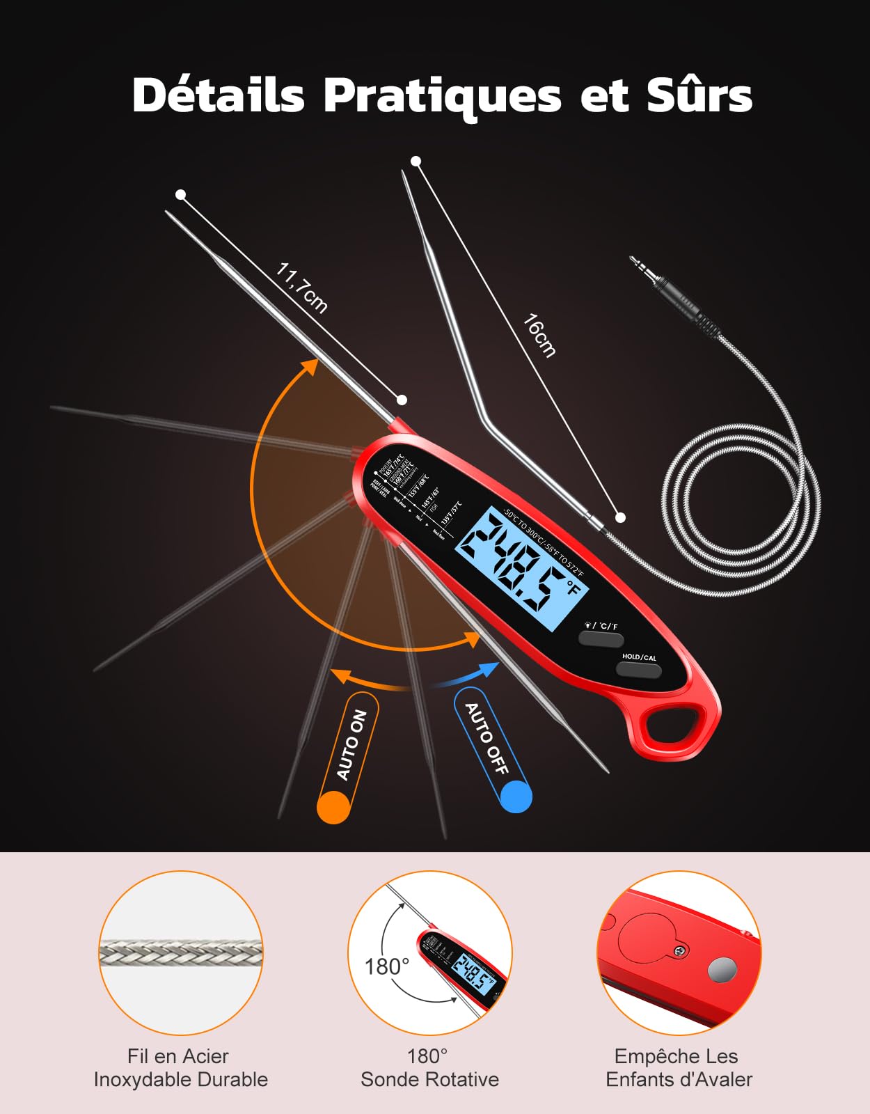 Thermomètre Cuisine Double Sondes Pliables 3s Lecture Instantané Digital Rétroéclairage LCD Calibration Cuisson Ustensile Four BBQ Fumoir