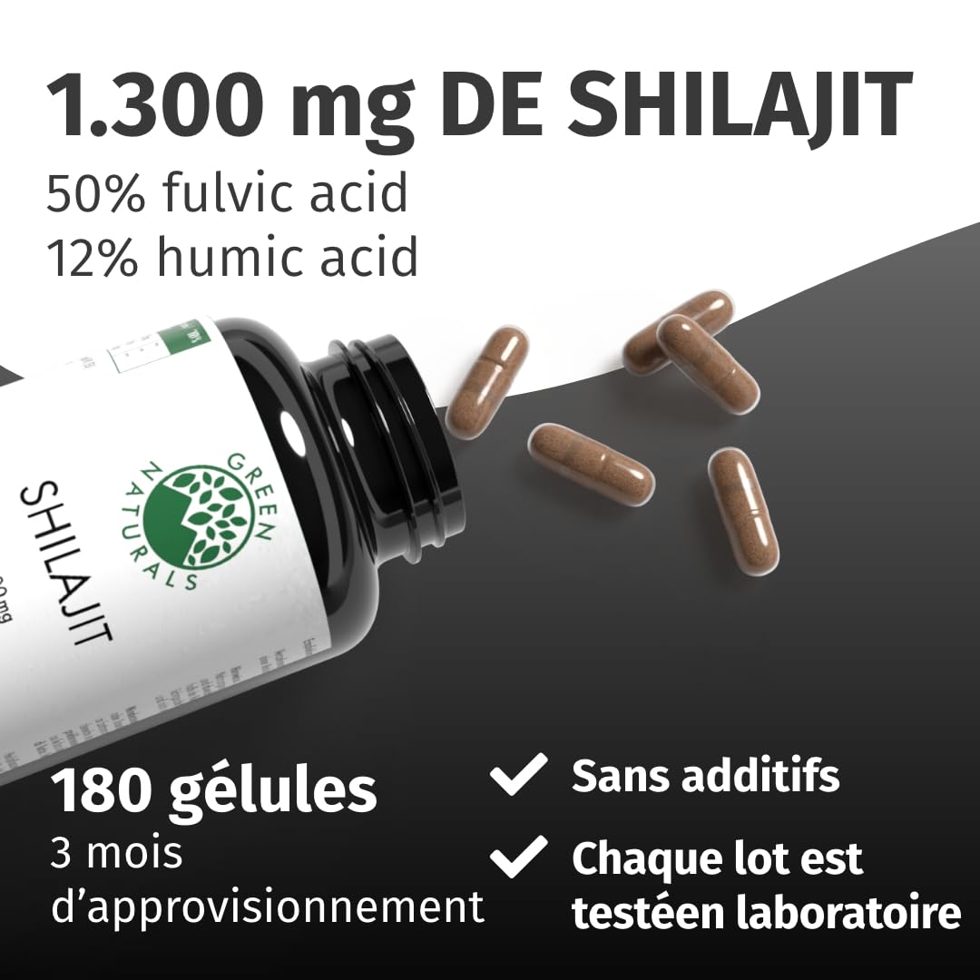 Green Naturals® Shilajit Himalaya Original – Extrait concentré 10:1 – 1300 mg par jour – 50% d’acide fulvique & 12% d’acide humique – 3 mois (180 gélules)