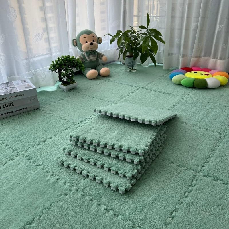 10 Pack Interlocking Plush Foam Floor Mats, Soft Flannel Puzzle Tiles for Kids Crawling, For Easy DIY Rug Pieces, Washable Carpet Tiles for Bedroom Nursery Playroom(Mint Green)