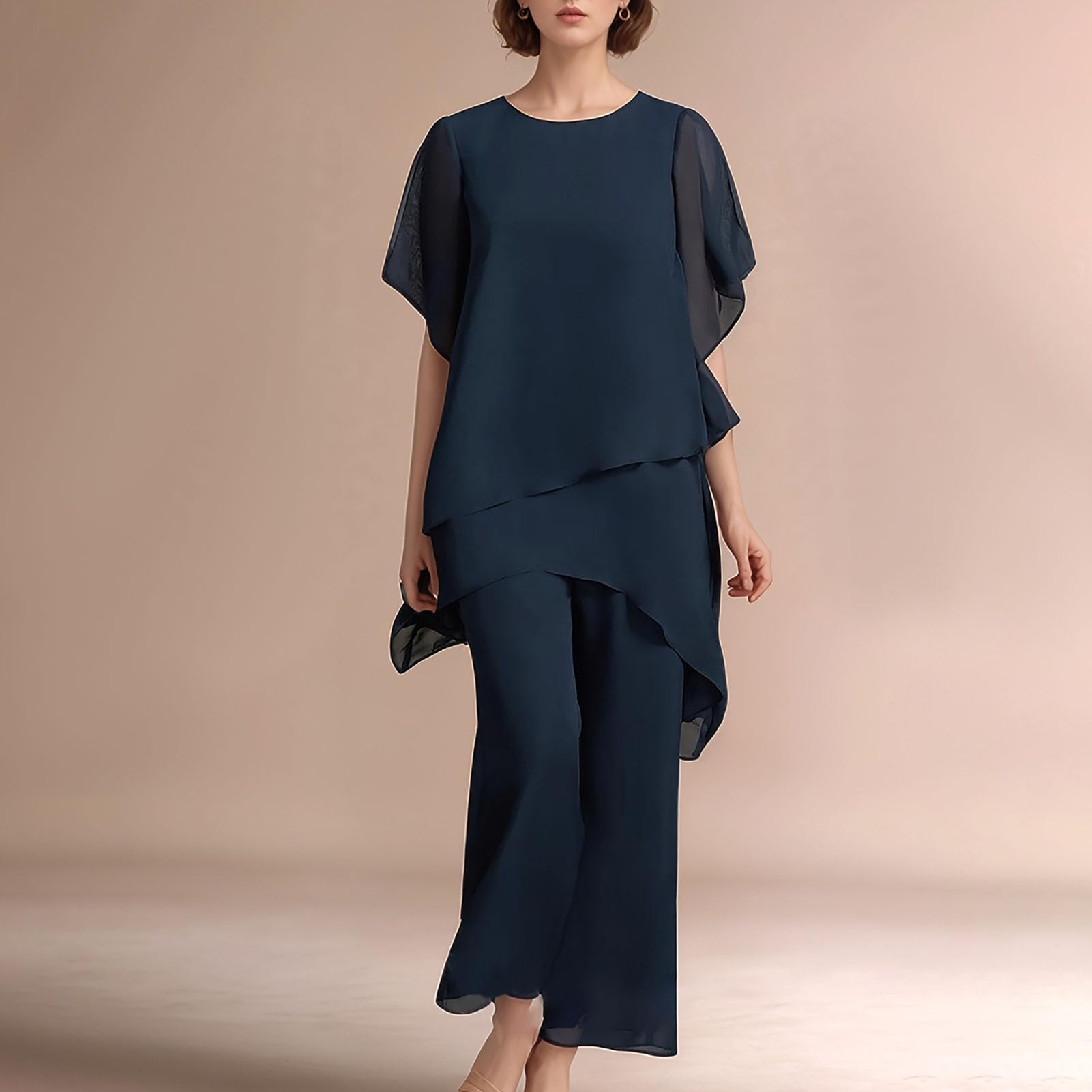 Mujeres Casual Dos Piezas Conjunto de Dos Piezas Traje de Ajuste Suelto Mujeres Gasa Color Sólido con Pantalones Anchos Volantes Capas Asimétricas para la Boda de Primavera Invitados o