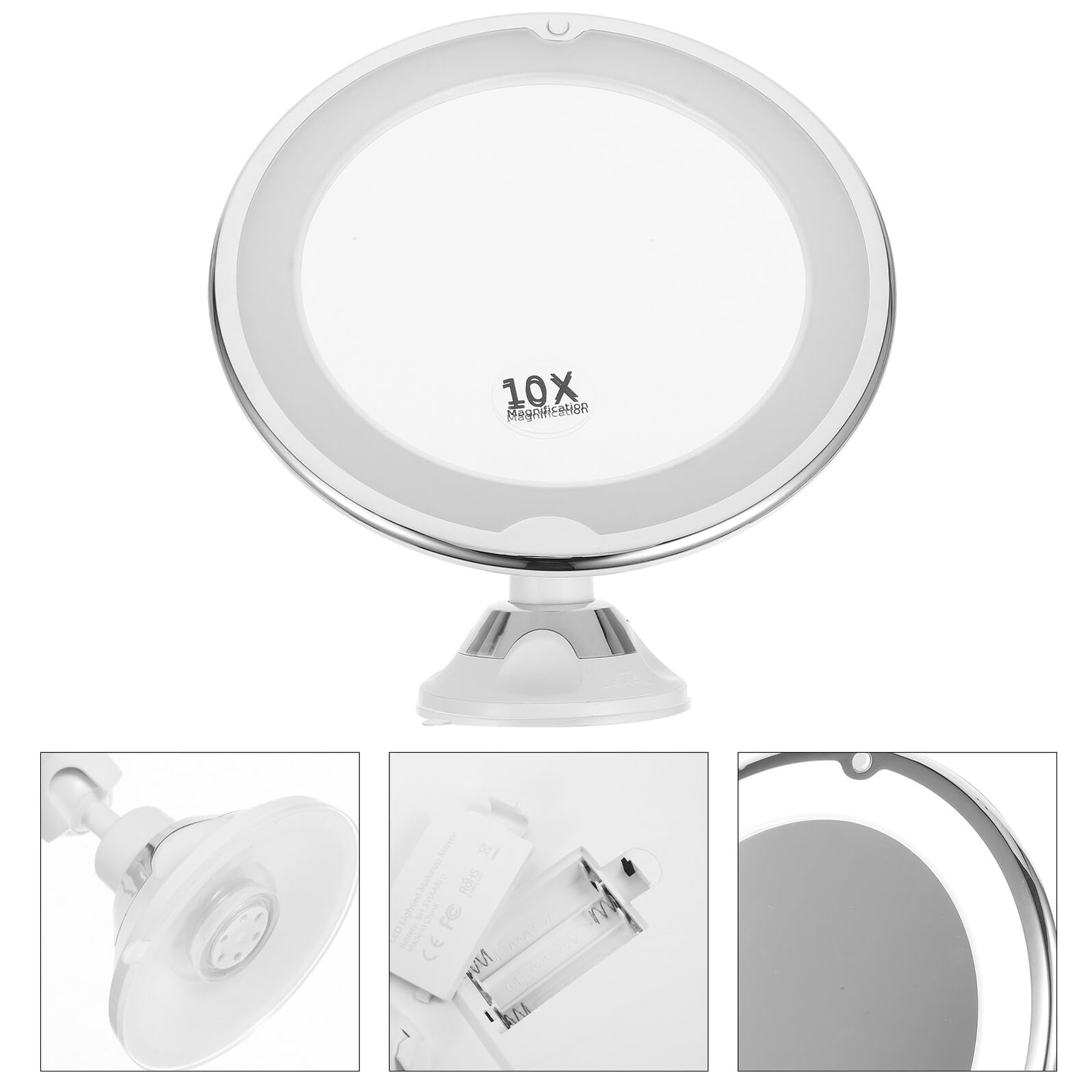 Alipis 360 Grad Drehbarer LED Kosmetikspiegel mit 10-facher Vergrößerung | Abs und Glas, Batteriebetrieben mit Drei Aaa Zellen, Silberfarben, für Make Up Am Tisch