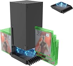 Vertical Holder with Cooling Fan for Xbox Series X, Game Console Base Cooling for Xbox X Series with 3 Hub Ports and 2 Disc Storage Racks
