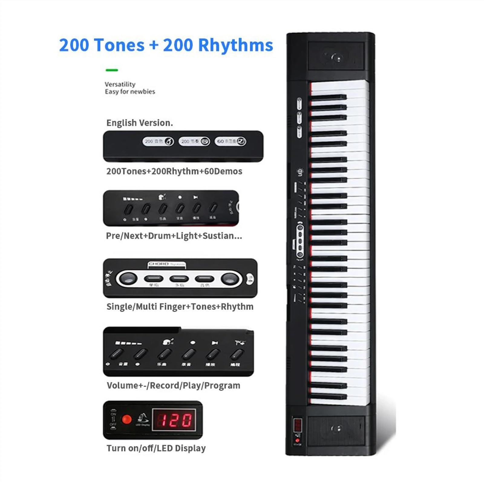 Elektroniczne Cyfrowe Pianino Klawiatura Muzyczna Profesjonalny Cyfrowy Fortepian Elektroniczny Syntezator Muzyczny Instrument Dla Dorosłych 61 Klawiszy(No Light)