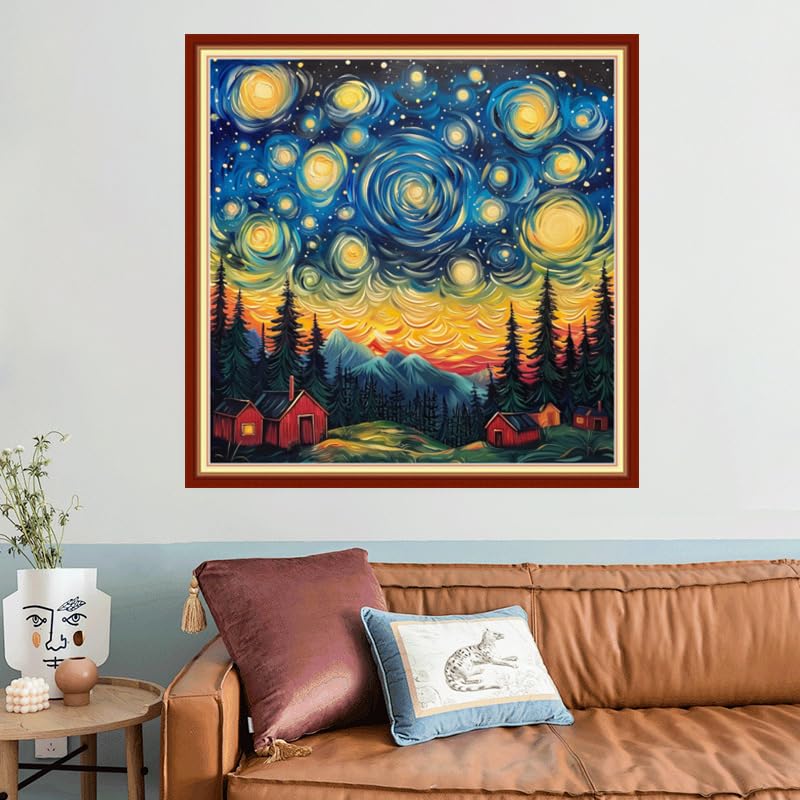 Image of Joyhoor Stamped Cross Stitch Kits for Beginners, Needlepoint Kits for Adults, 11CT Counted Embroidery Kits-Van Gogh Starry Sky 18x18 inchs