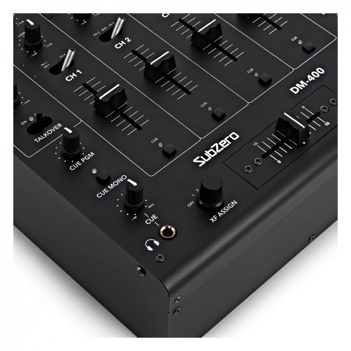 SubZero Mezclador para DJ de 4 canales con Crossfader y USB | Para principiantes y profesionales, una entrada XLR y dos entradas de micro TRS, EQ de 3 bandas con interruptor mono