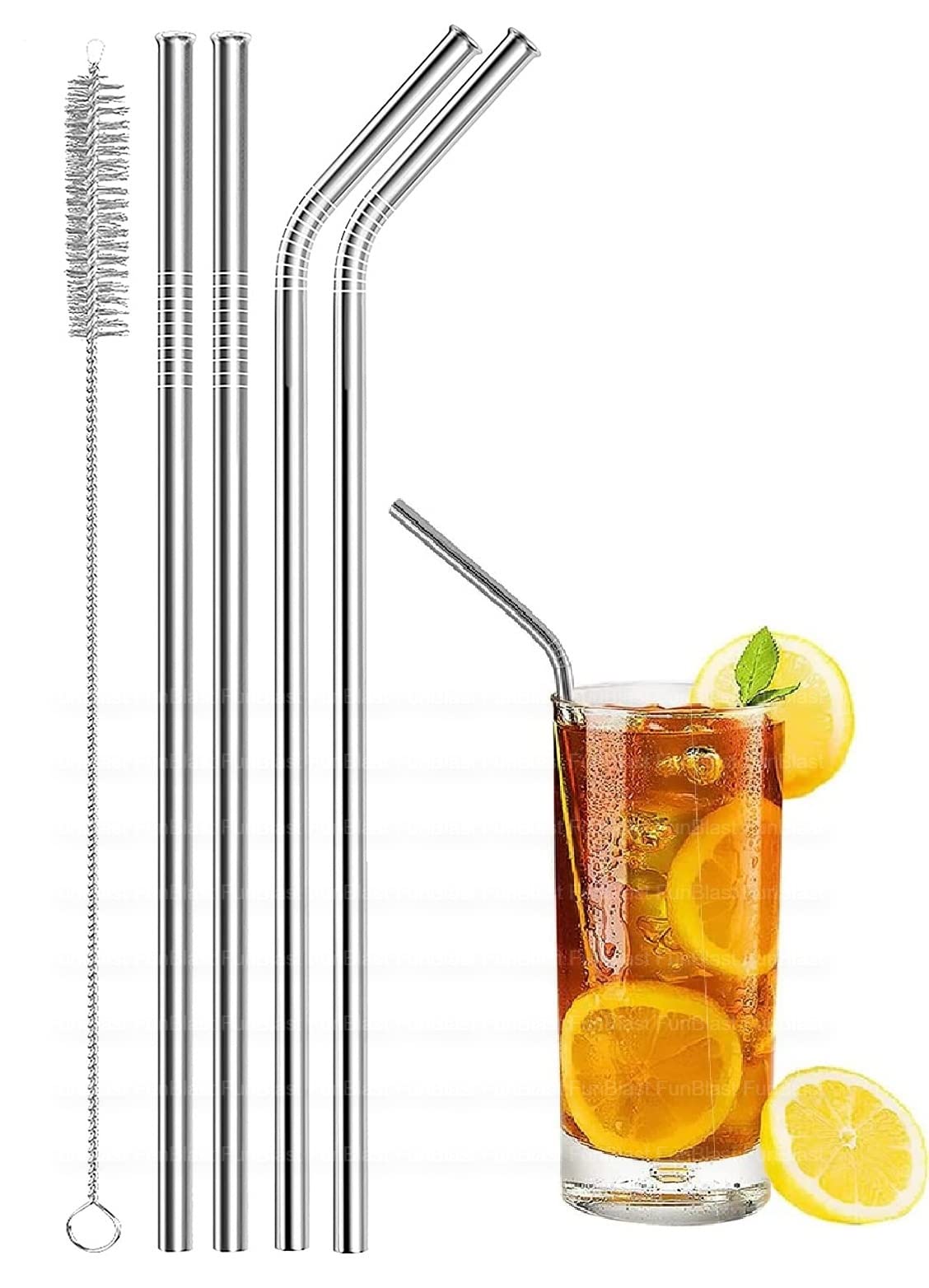 FunBlast Stainless Steel Straws with Cleaning Brush for Kids & Adults, Pack of 2 Straight & 2 Bent Reusable Metal Straws, Reusable Metal Straws for Drinking Juice & Drinks