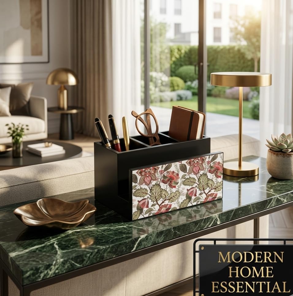 Image of Wooden Cutlery Stand Holder I Countertop Organizer - Spoon Fork Knife Napkin Tissue Paper I Home & Kitchen I Size 7 inch X 5 inch X 4 inch I Floral Fantasy, Multicolor