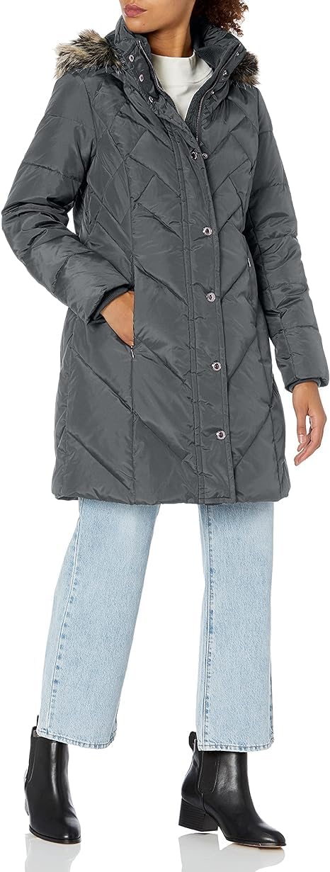 LONDON FOG womens 36" Snap Front Down Coat With Multi Pattern Quilt and Hood