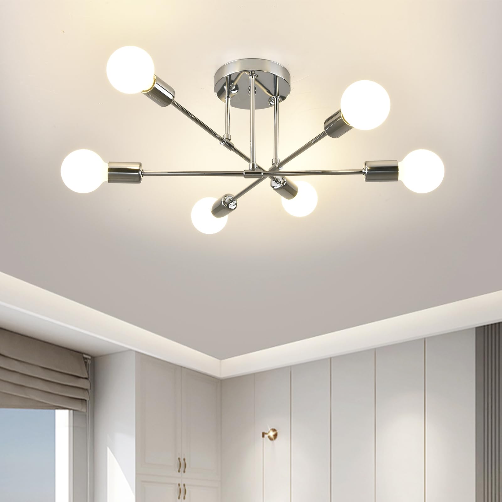 Zydtrip Silver Sputnik Chandelier Light Fixture - Adjustable Ceiling Light With E27 Base For Living Room, Bedroom, Kitchen, 6 Lights