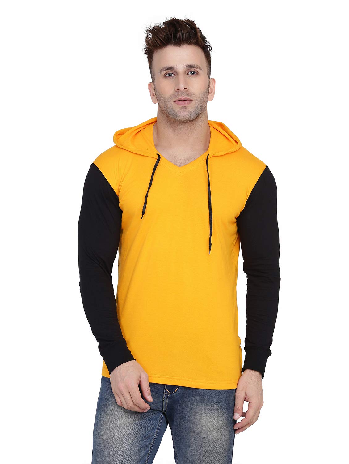 Men's Hooded Neck Full Sleeve Casual T-Shirt (Yellow & Black), XL-picture-19