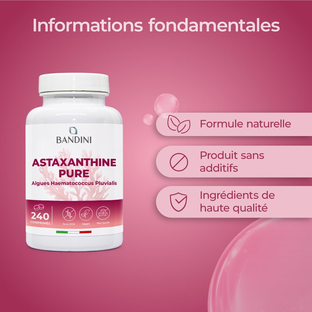 Bandini® Astaxanthine 240 comprimés (8 mois) | Pure 8 mg d'Algue Marine Haematococcus Pluvialis | Concentration & Biodisponibilité Élevées | Antioxydant naturel puissant | Sans Additifs, 100% vegan