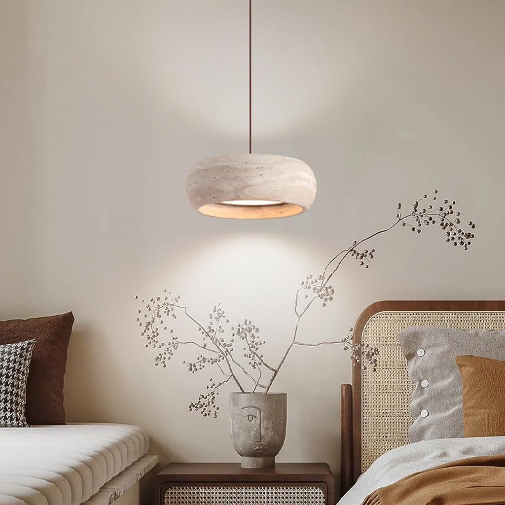 Lustre En Bois À LED Suspension Scandinave En Travertin Jaune Lustre Créatif En Pierre Naturelle De Forme Bombée Style Wabi-sabi Japonai Idéal Pour Salle À Manger Îlot De Cuisine Salon(A)