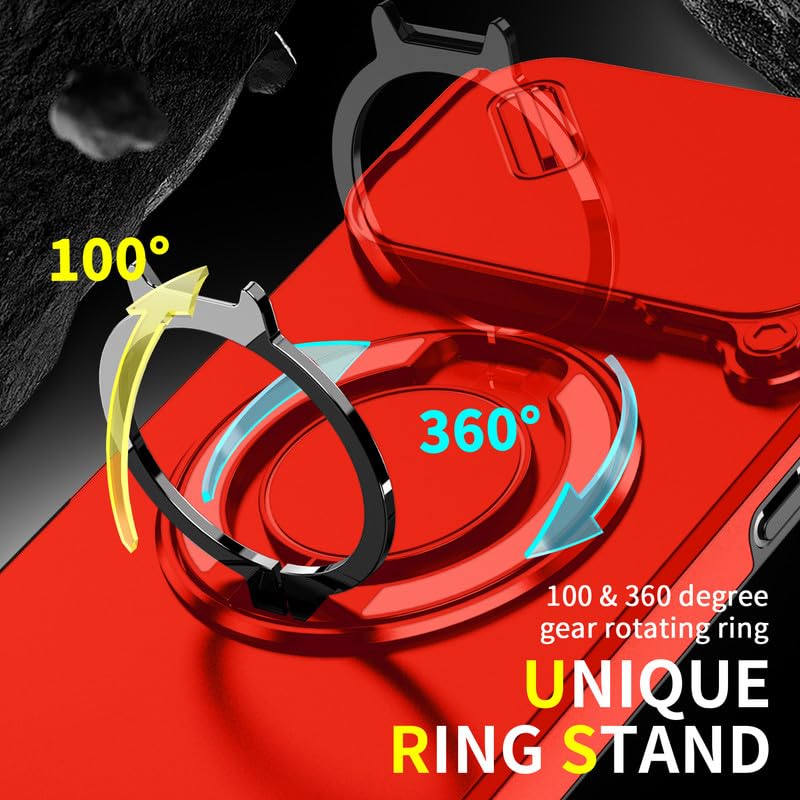 Image of LuxuryKase Shockproof Rugged Case for iPhone 17 Pro Max | Slide Camera Cover | 360 Rotating Ring Kickstand | Military-Grade Protection - Cherry Red