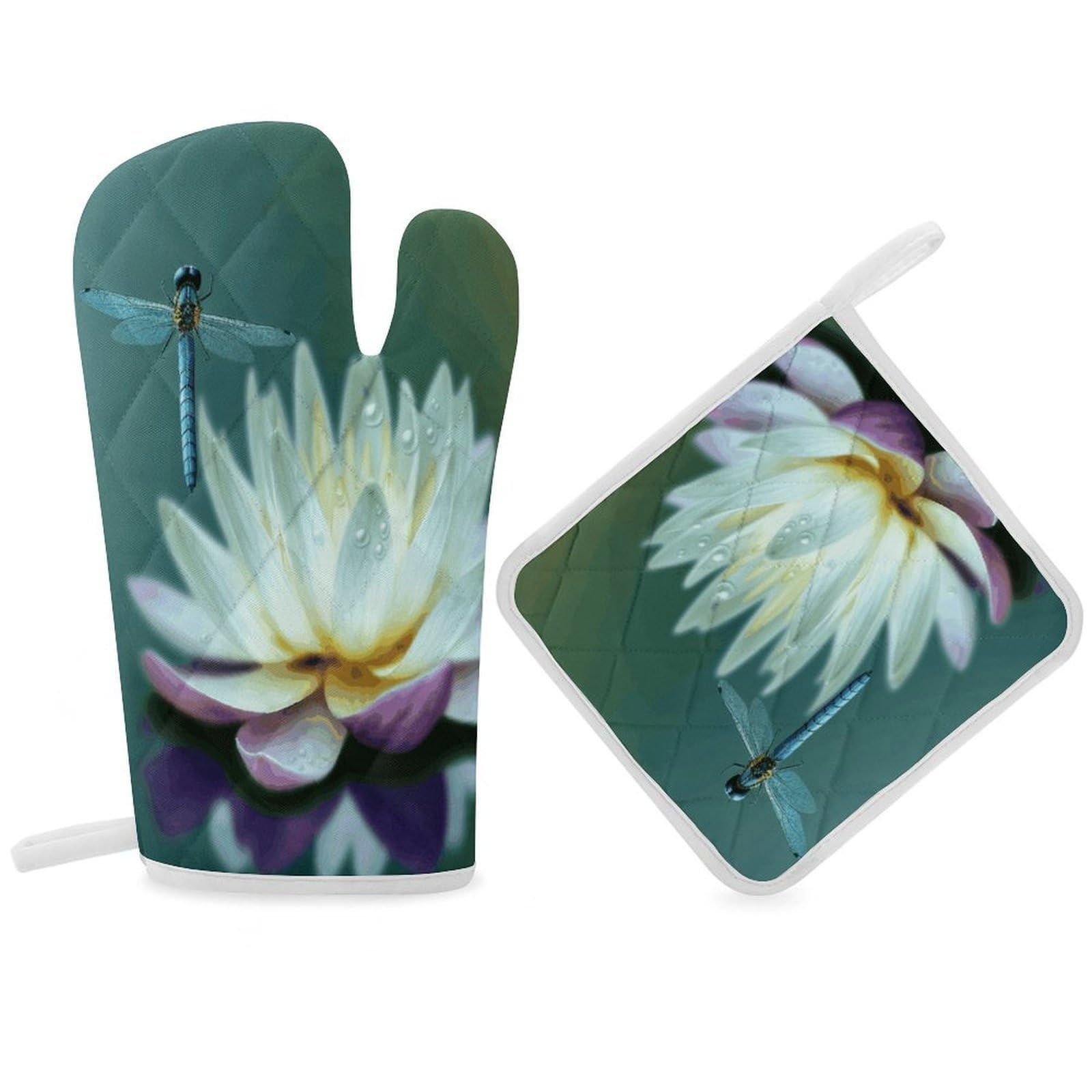 Fodpand Women's Style Dragonfly With Water Lily Oven Mitts And Pot Holders Sets,Oven Gloves For Kitchen Oven Mitts And Potholders For Baking Cooking Grilling Apartment Essentials