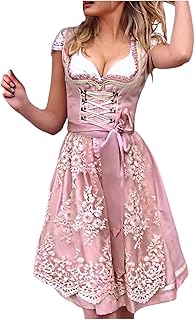 Dirndl Damen Trachten Damen Dirndl Midi Lang Dirndlkleid Tachtenkleid Trachtenkleid für Oktoberfest mit Spitzenschürze Dir...