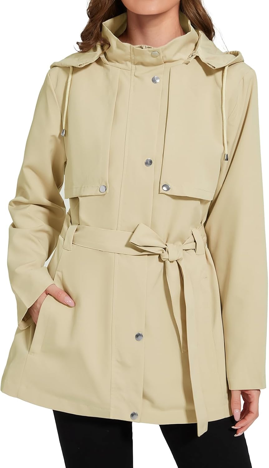 Mixxmix Womens Rain Jacket with Hood, Long Rain Coat for Women Waterproof Trench Coat Lined Windbreaker Fall Jacket