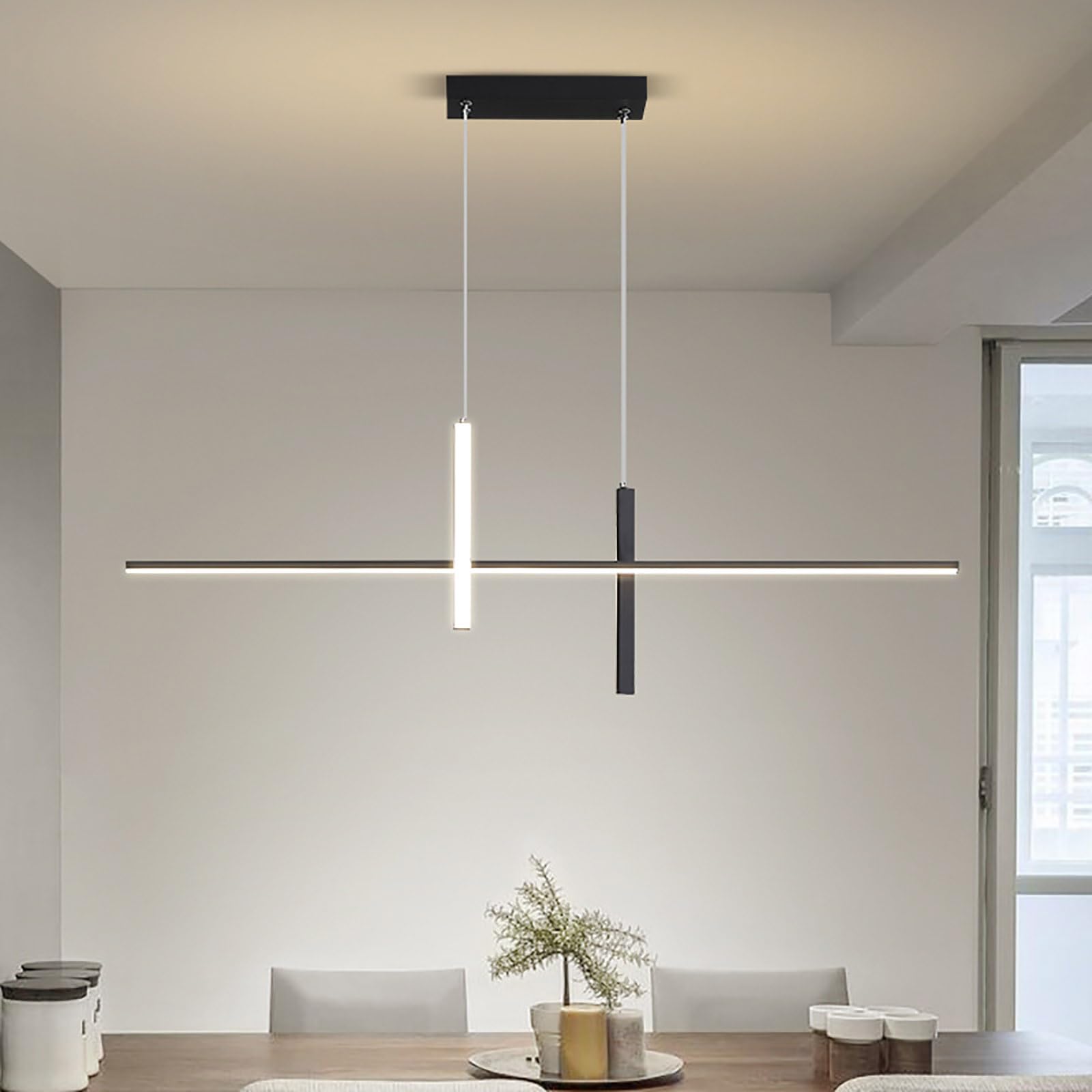 HYJAUSXB Linear Led Pendant Light For Kitchen Island,modern Dimmable Chandelier With Remote,height Adjustable Ceiling Hanging Light,dining Room Fixture Bedroom Living Room(120cm/47.2in, Black)