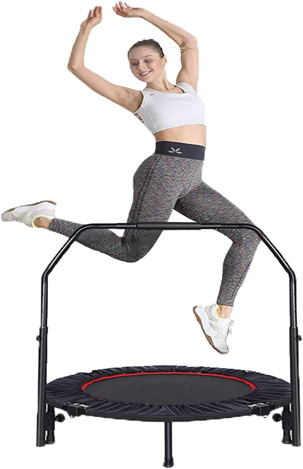 Cama Elastica Fitness Plegable para Adultos/Niños, Trampolin de Fitness con Reposabrazos Ajustables de 5 Niveles y Ventosas Antideslizantes, Seguras y Silenciosas