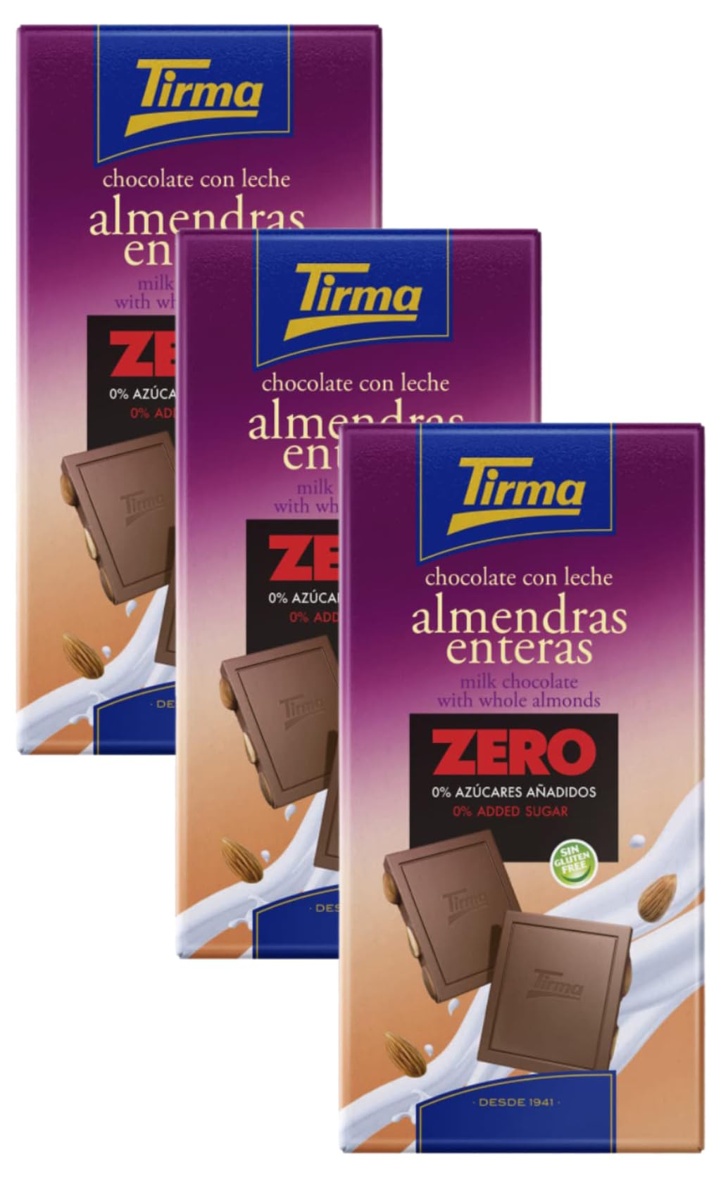 Tirma Zero No Added Sugars Milk Chocolate Bar with Whole Almonds 125g | Suitable for Diabetics | Vegetarian Snack | Gluten Free Chocolate | Natural Ingredients (Pack of 3)