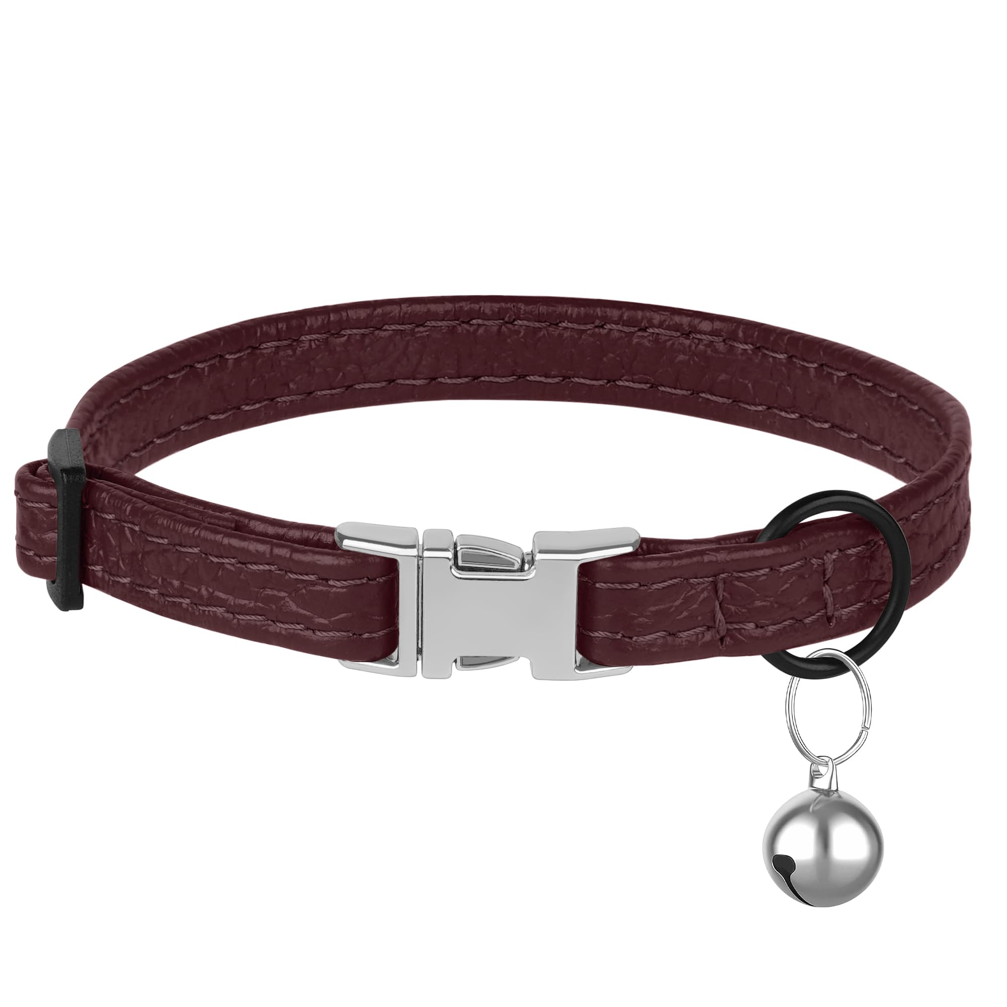 Collar de cuero para gato con hebilla y campana extraíble, no se rompe, ajustable, suave, de seguridad, para mascotas, para niñas, niños, gatos, gatitos (borgoña)