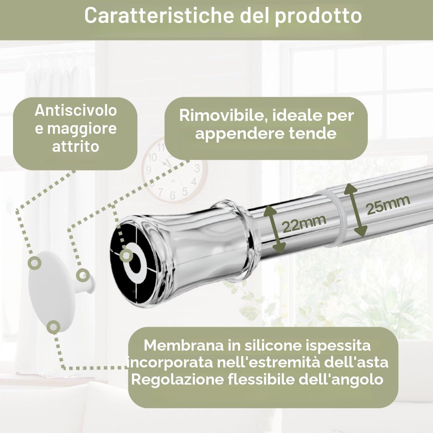 1 asta per tende estensibile senza fori per tende, cucina, armadio, non sono necessari attrezzi 69-90 cm, color argento