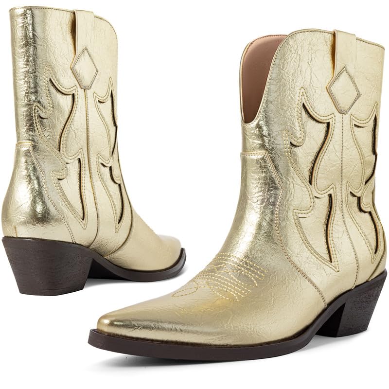 Metallic Cowboy boots for Women Embroidered Pointed Toe Cowgirl Boots Chunky Heel Pull-On Short Western Boots Wide Calf Country Ankle Boot3