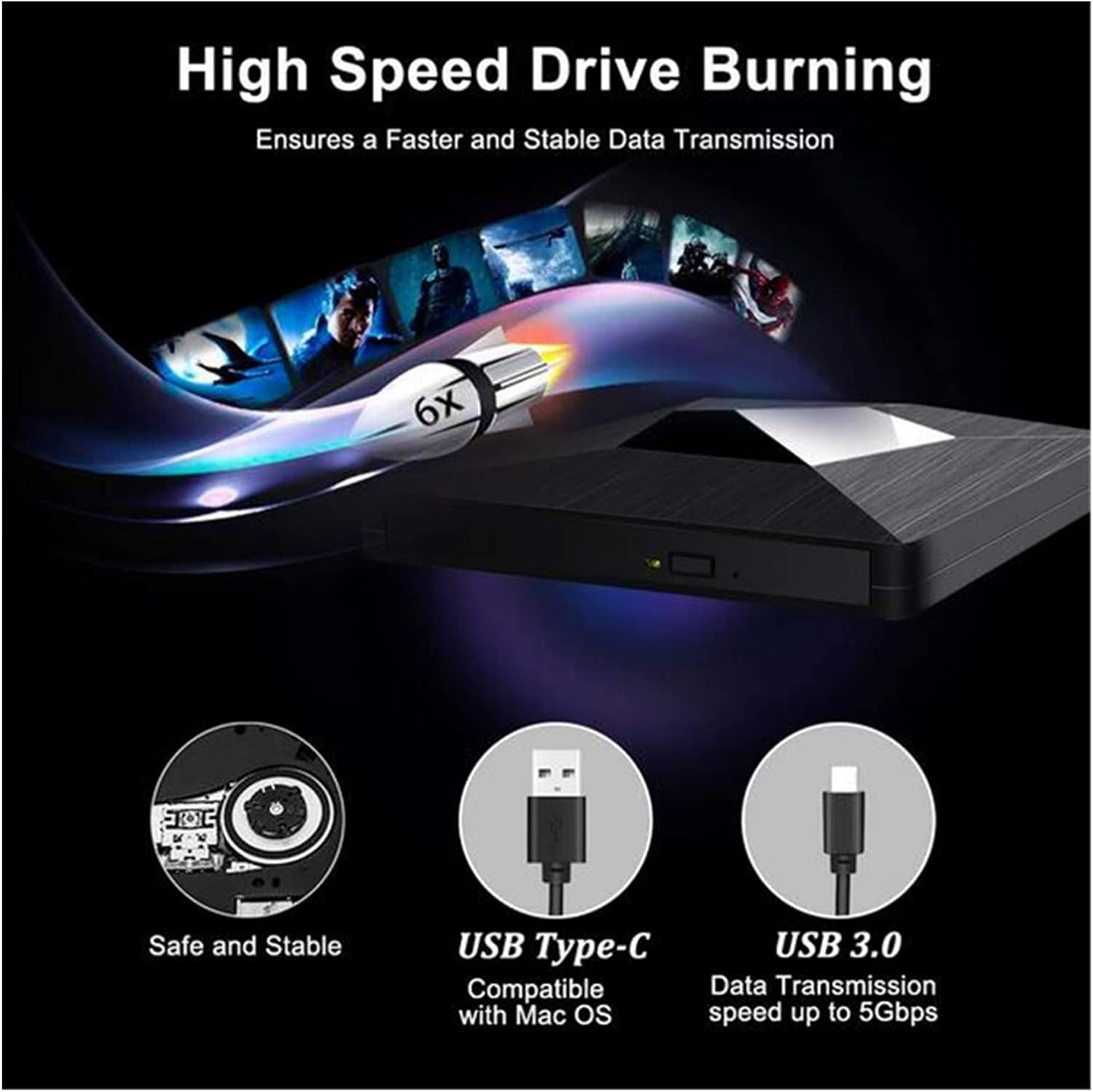 DVD Player USB3.0 External CD DVD Drive with Type C Portable CD-RW/DVD-RW Writer Reader DVD Player Burner External Optical Disc Drive Mini dv Player (0 : 0 Color : Black)