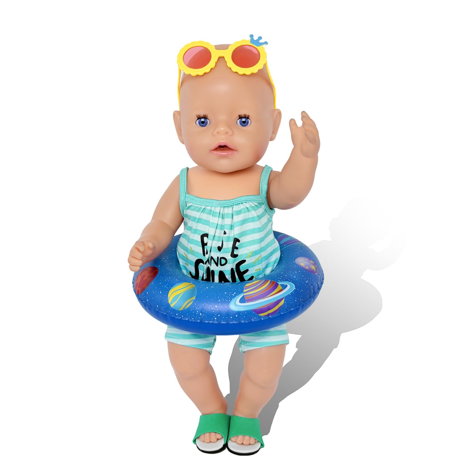 6-Teiliges Puppenkleidung 35–43 cm Sommer Set, Blau Weiß Gestreiftes Puppen Outfit mit Blauen Sandalen, Gelber Sonnenbrille, Blauem Schwimmring und Kleiderbügel