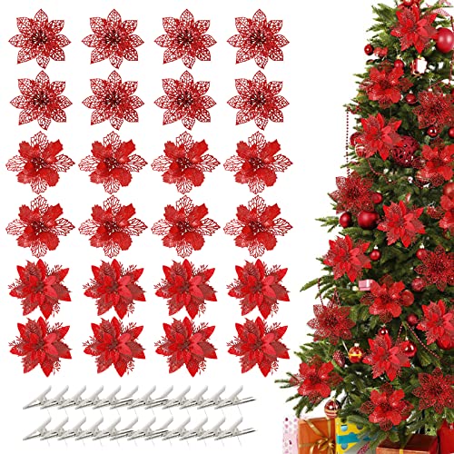 Betylifoy 24 Pièces Fleurs de Poinsettia à Paillettes de Noël Fausses Fleurs Décoratives avec 24 Clips en Métal Fleurs Décoratives de Noël pour Guirlande de Noël Ornements de Sapin de Noël (Rouge) Cover