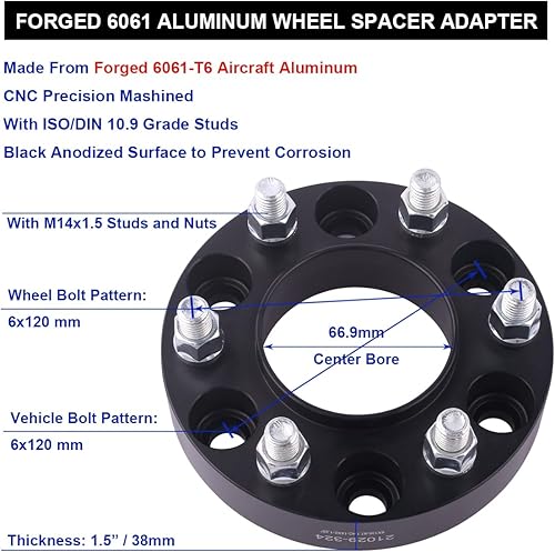 Miniatura 5 de VLAOSCHI Espaciadores de rueda negros de 6 x 120 pulgadas centrados de 1.25 pulgadas, 14 x 1.5 pulgadas, compatibles con Chevy GMC-Cadillac 6 Lug