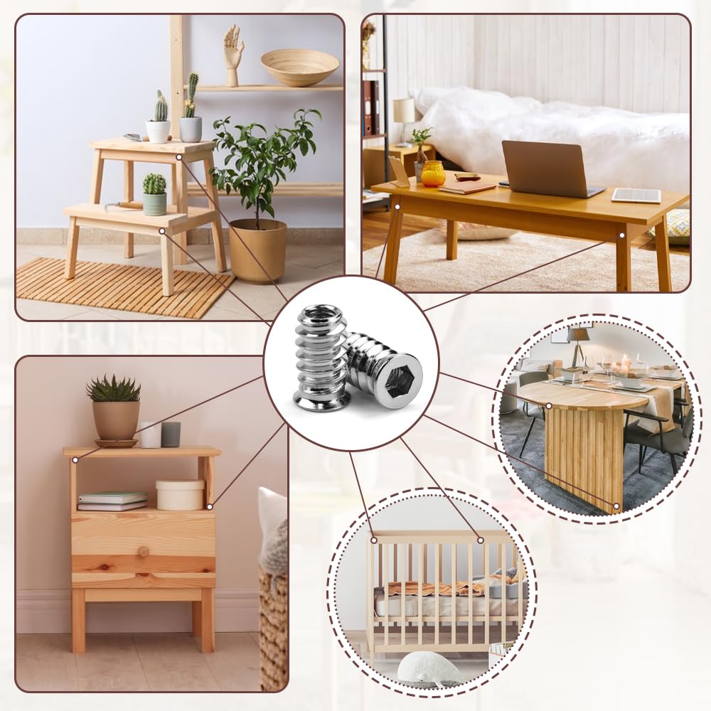 CAREDGO 50 Pezzi Dadi Esagonali Dadi da Avvitare M6x20 Boccole Filettate per Legno Inserti Filettati con 1 Chiave Esagonale per Mobili in Legno