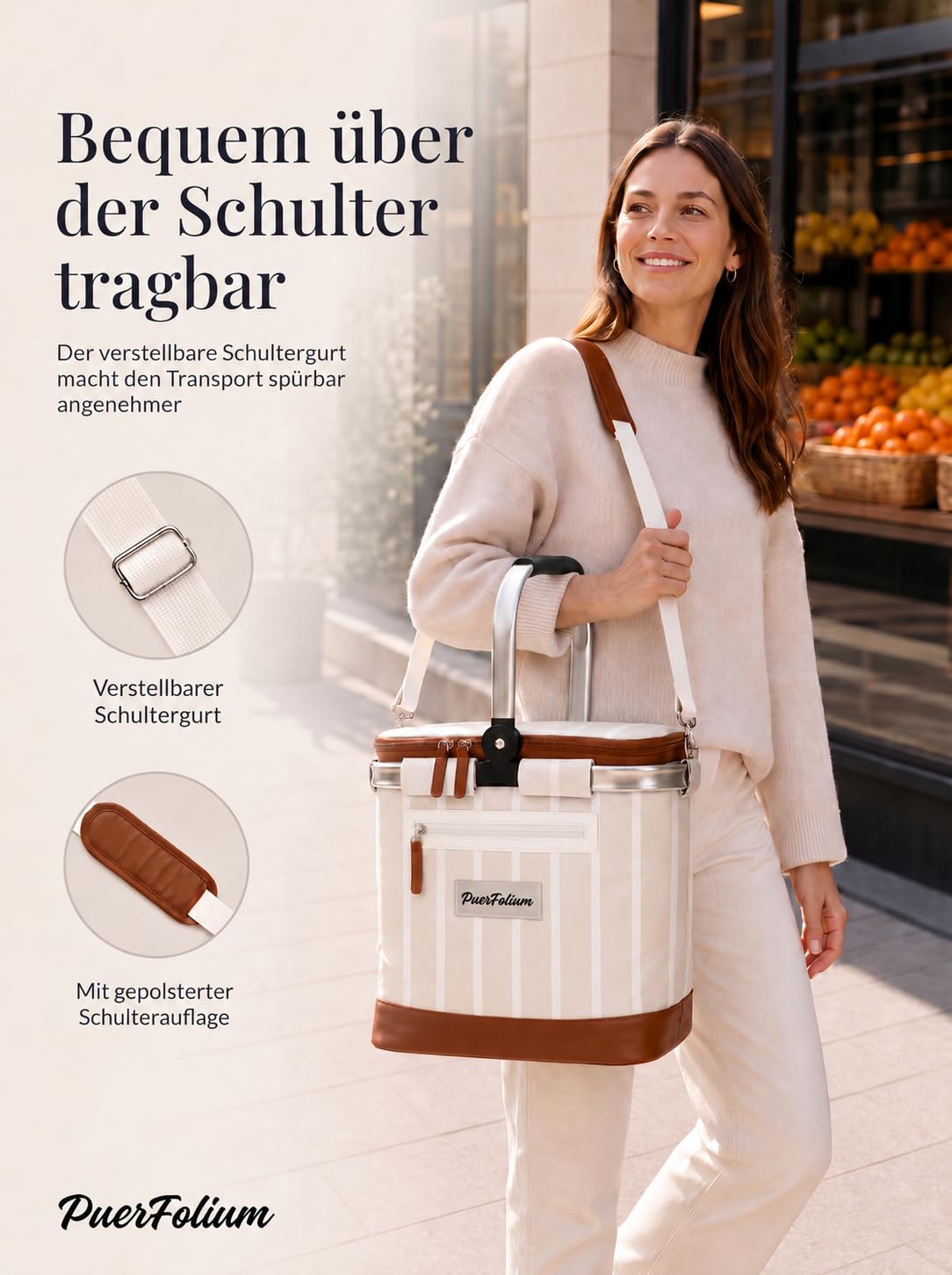 Kühltasche Einkaufskorb Kühlkorb 20L Faltbar Isoliert Thermo mit Deckel Reißverschluss Abnehmbarer Picknickkorb Aluminiumrahmen Thermokorb Schultergurt verstärkt für Einkauf Picknick Beige