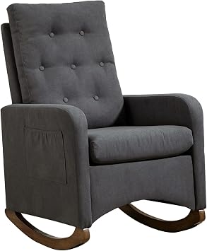 High Backrest Rocking Chair, High Back Modern Nursery Glider, Breathable Fabric Recliner, Comfortable Armchair with Side Pocket, Accent Chair for Living Room, Nursing Chair, Grey
