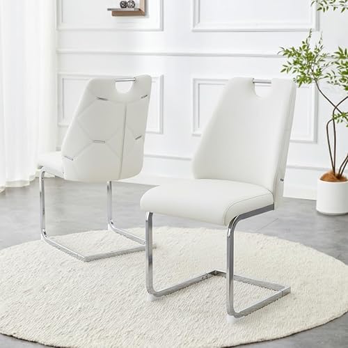 Dining Chairs Set of 2 Modern Thickened PU Kitchen Chairs with High Back,Soft Cushion Chrome Metal Legs for Dining Room,Living Room, Bedroom (White,