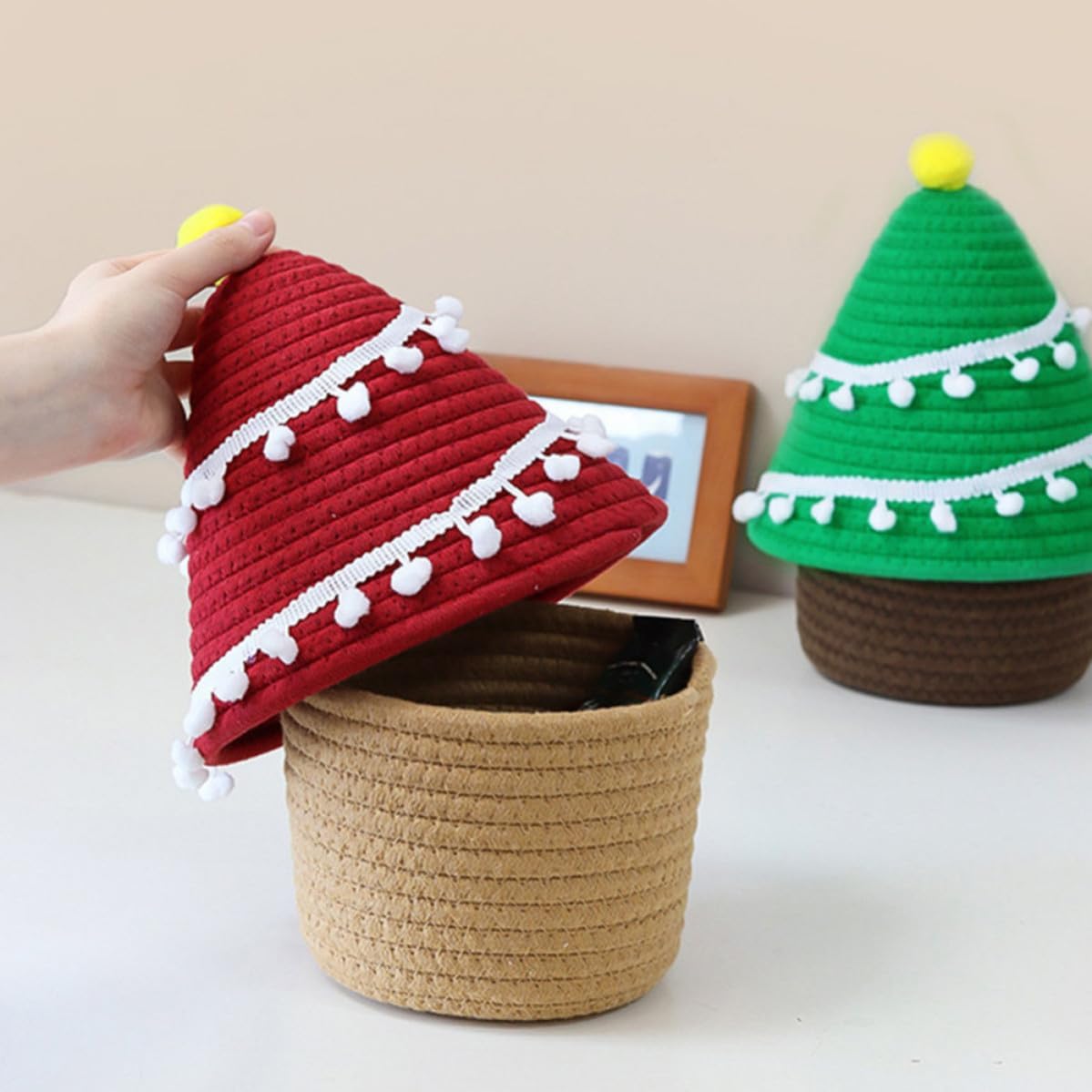 Storage Basket Classically Elegant Red with Lid Basket Christmas Tree Shaped Cotton Rope Woven Organizer and Sundries Storage for Decorating Tables or Porch Glove Box