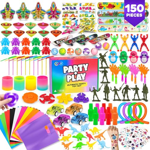 V B Party + Play Party Bag Fillers for Kids Pack of 150pc Assorted Party Favours Kids Activity Packs Classroom Gifts with Fidget Toys Stickers Stretchy Strings Ideal for Boys and Girls